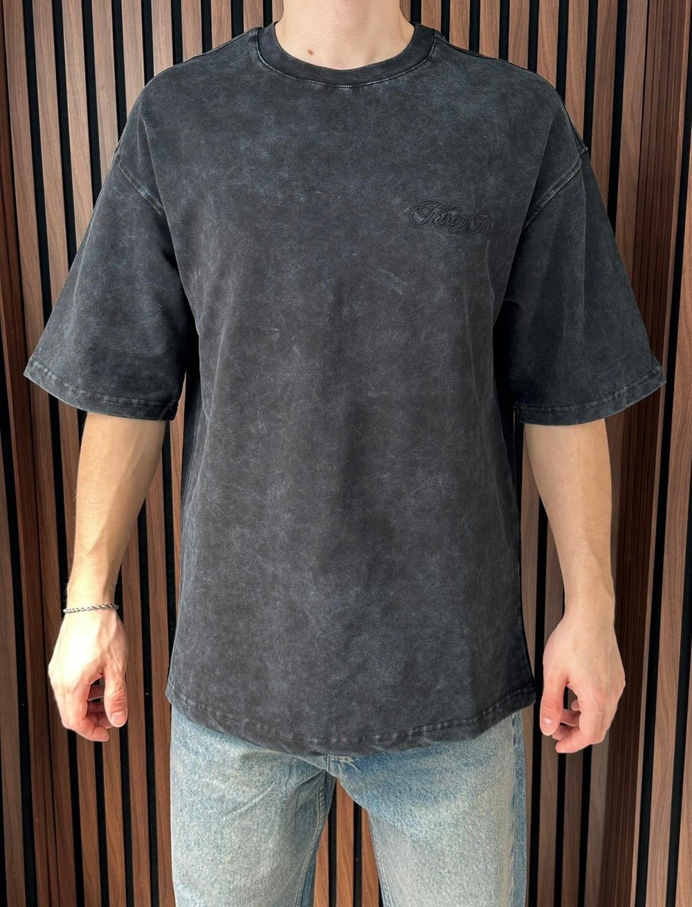 Nakışlı Yıkamalı Oversize Tshirt Siyah