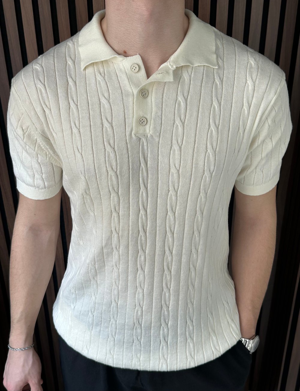 Polo Yaka Örgülü Triko Tshirt Kırık Beyaz