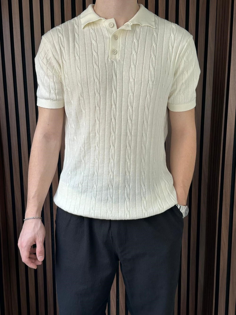 Polo Yaka Örgülü Triko Tshirt Kırık Beyaz