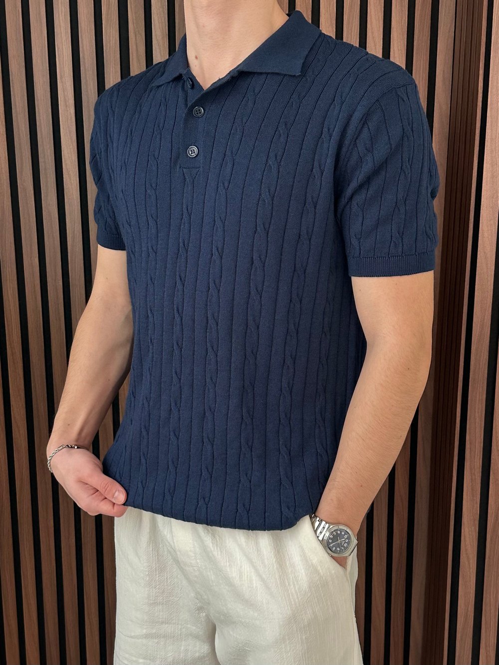 Polo Yaka Örgülü Triko Tshirt Lacivert