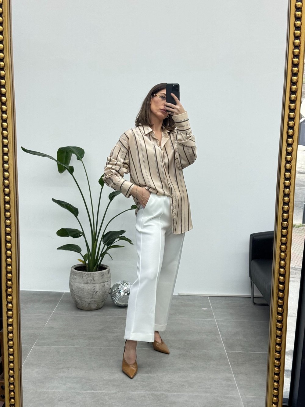 Oversize Çizgili Gömlek | Bej