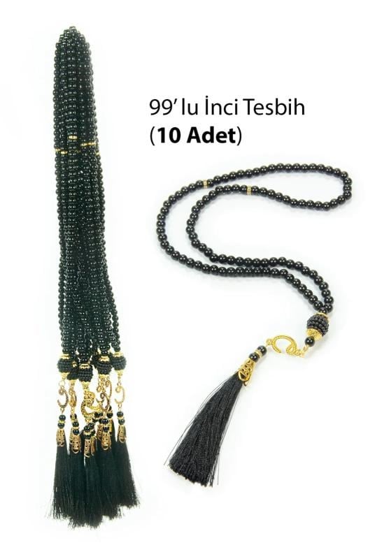 10 Adet 99 lu İnci Tesbih, Püsküllü, Vav Harfli, Mevlüt Hac Umre Hediyelik - Siyah