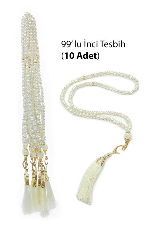 10 Adet 99 lu İnci Tesbih, Püsküllü, Vav Harfli, Mevlüt Hac Umre Hediyelik - Beyaz