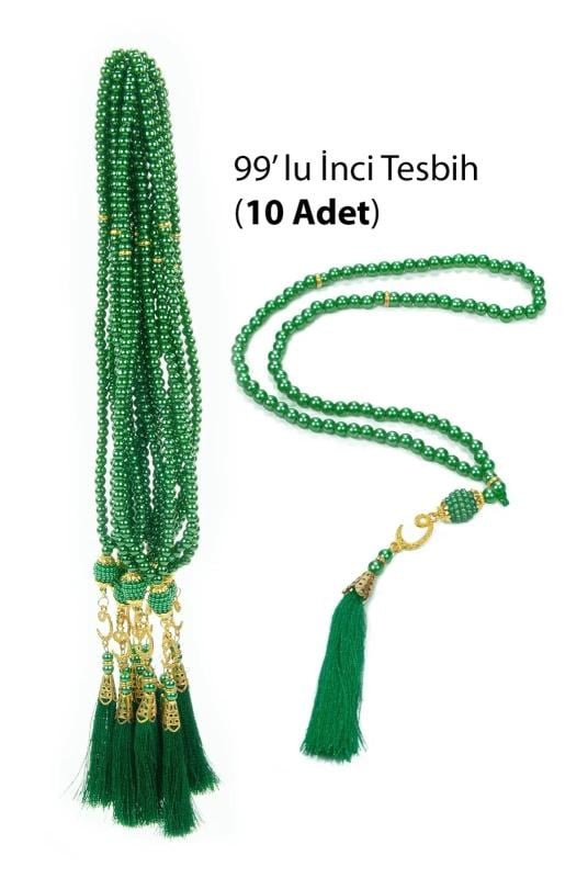 10 Adet 99 lu İnci Tesbih, Püsküllü, Vav Harfli, Mevlüt Hac Umre Hediyelik - Yeşil