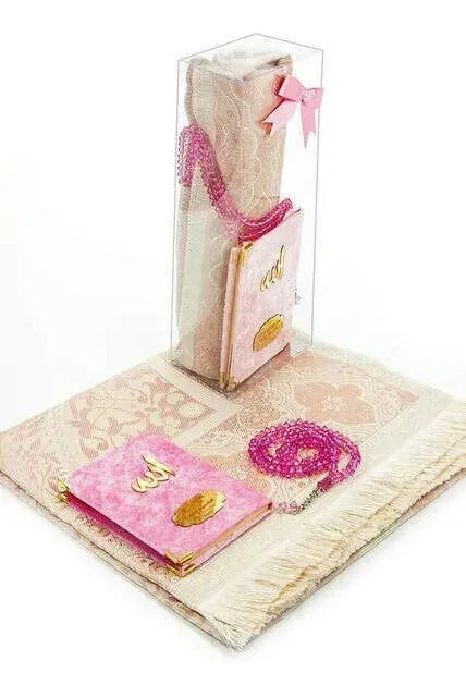 10 Adet Hediyelik Özel Set - Kadife Kaplı Yasin Kitabı - Cep Boy - İsme Özel Plakalı - Seccadeli - Tesbihli - Kutulu - Pembe
