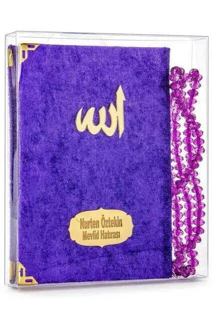 10 Adet Kadife Kaplı Yasin Kitabı - Çanta Boy - İsim Baskılı Plaka - Tesbihli - Şeffaf Kutulu - Mor - Hediyelik Yasin Seti