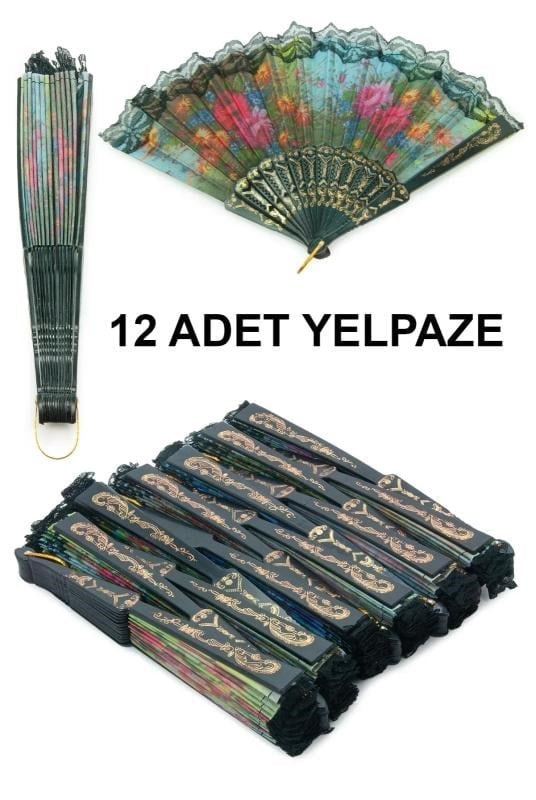 12 Adet Çiçekli Dantelli Katlanır Yelpaze, Hediyelik Doğal Serinletici - Siyah