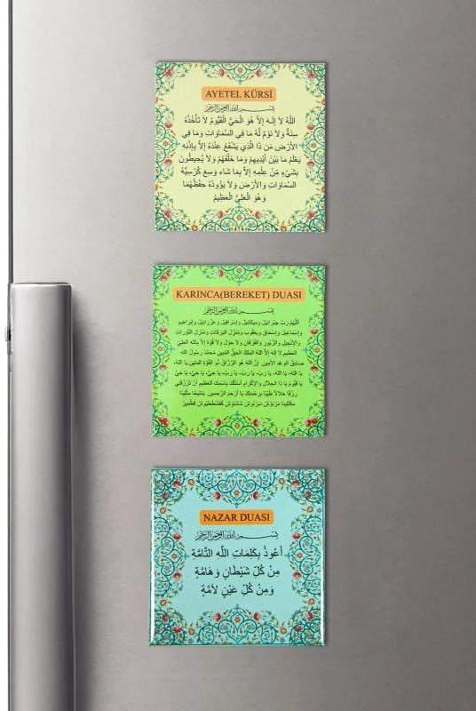 3 lü Ayetel Kursi Karınca ve Nazar Duaları Buzdolabı Magneti -  6.5 X 6.5 cm Mıknatıslı Dekoratif Dolap Süsü