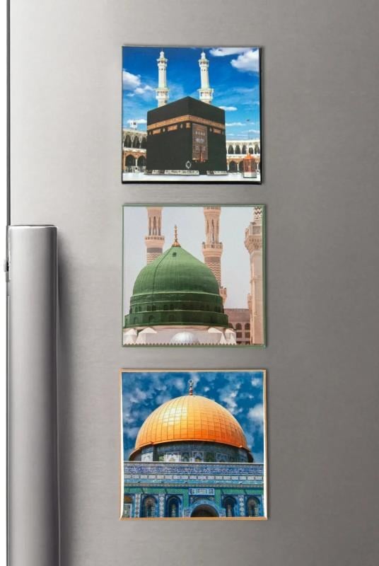 3 lü Kabe Mescidi Nebevi ve Mescidi Aksa Buzdolabı Magneti -  6.5 X 6.5 cm Mıknatıslı Dekoratif Dolap Süsü