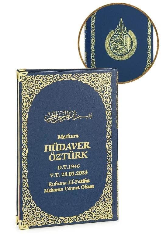 50 Adet İsim Baskılı Ayet-el Kürsi Desenli Yaldızlı Deri Ciltli Orta Boy Yasin Kitabı Mevlüt Hediyesi 176 Sayfa Lacivert