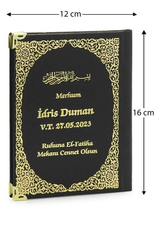 50 Adet İsim Baskılı Ayet-el Kürsi Desenli Yaldızlı Deri Ciltli  Çanta Boy Yasin Kitabı Mevlüt Hediyesi 128 Sayfa Siyah