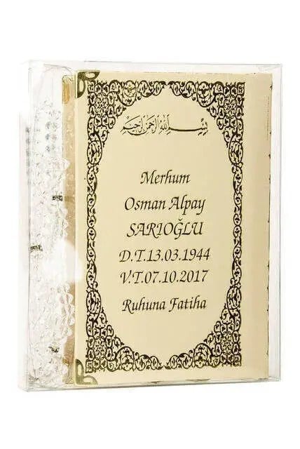 50 ADET - İsim Baskılı Ciltli Yasin Kitabı - Çanta Boy - 128 Sayfa - Tesbihli - Şeffaf Kutulu - Krem Renk - Dini Hediyelik Set