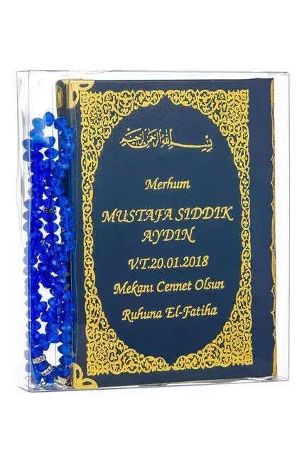 50 ADET - İsim Baskılı Ciltli Yasin Kitabı - Çanta Boy - 128 Sayfa - Tesbihli - Şeffaf Kutulu - Lacivert Renk - Dini Hediyelik Set