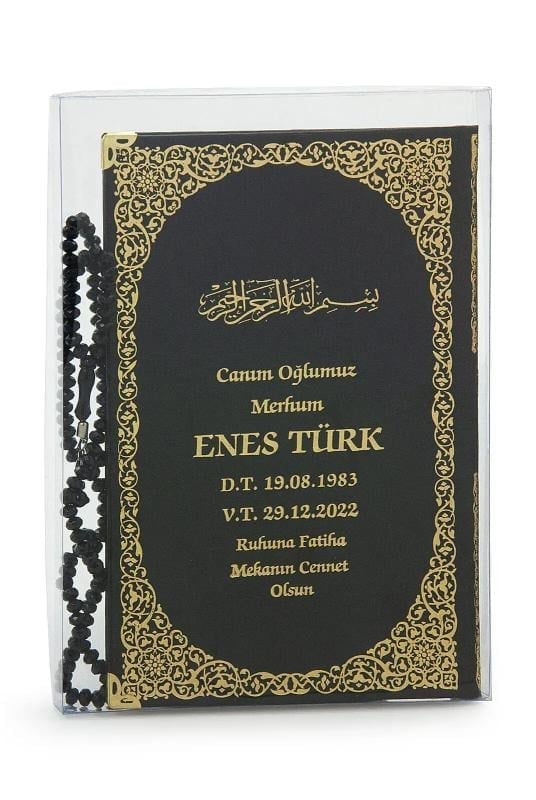 50 Adet İsim Baskılı Kutulu Tesbihli Orta Boy Deri Ciltli Yasin Kitabı Mevlüt Hediyesi Siyah