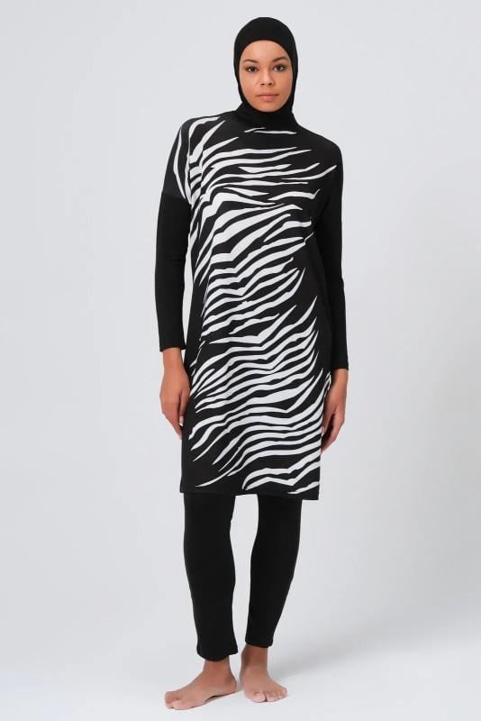 Alfasa Önü Zebra Desenli Kadın Tam Kapalı Tesettür Mayo 23691 Siyah