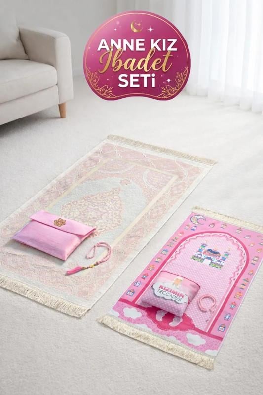 Anne ve Kız Çocuk İbadet Seti - Tesbihli, Çantalı, Seccade Seti