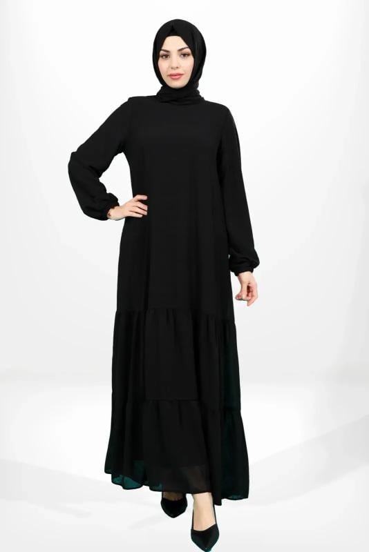 BEYZA 5601-25 SİYAH ETEĞİ FIRFIRLI KOLU LASTİKLİ ELBİSE FERACE