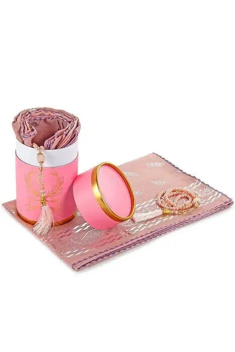 Biricik Anneme Özel Silindir Kutulu Set - İnci Tesbihli - Varaklı Kesik Elyaf Mevlid Örtülü - Pembe Renk