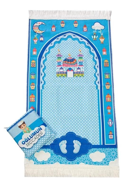 Çantalı Oğlumun Çocuk Seccadesi Mavi