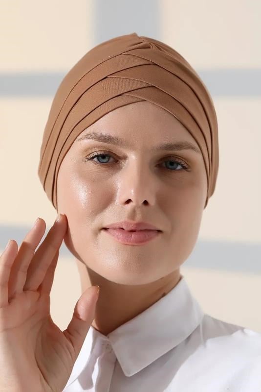 Çapraz 3 Bantlı Çift Taraflı Tesettür Bone Açık Kahve