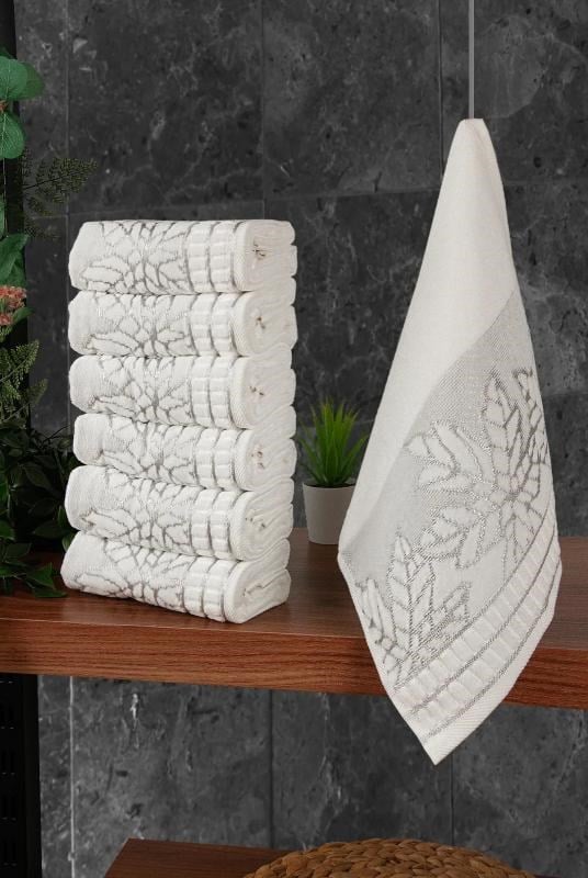 Çınar Jakarlı 6’lı Kadife Pamuklu El ve Yüz Havlu Seti 30x50 cm - 00434 - Gümüş