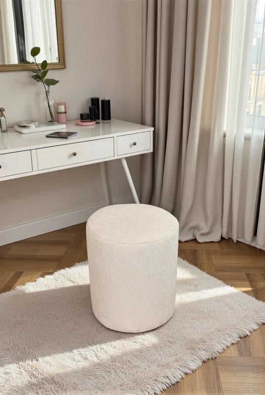 Dekoratif Silindir Puf – Ahşap İskeletli, Oturma ve Yatak Odası Pufu - Krem - (40x36 cm)