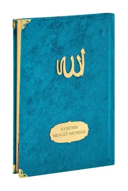 Ekonomik Kadife Kaplı Yasin Kitabı - İsme Özel Plakalı - Orta Boy - Petrol Renk - Mevlit Hediyeliği