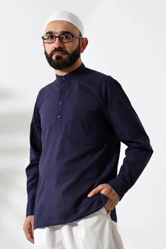 Erkek %100 Pamuk Vual Rahat Kesim Hakim Yaka Yarım Pat Lacivert Hac Umre Gömlek