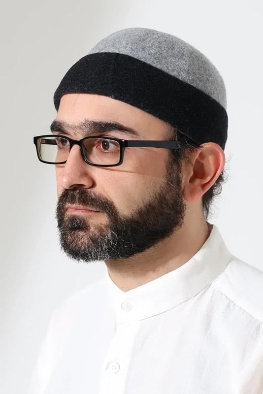 Erkek İki Renkli Keçe Yün Derviş Takke - Gri Siyah