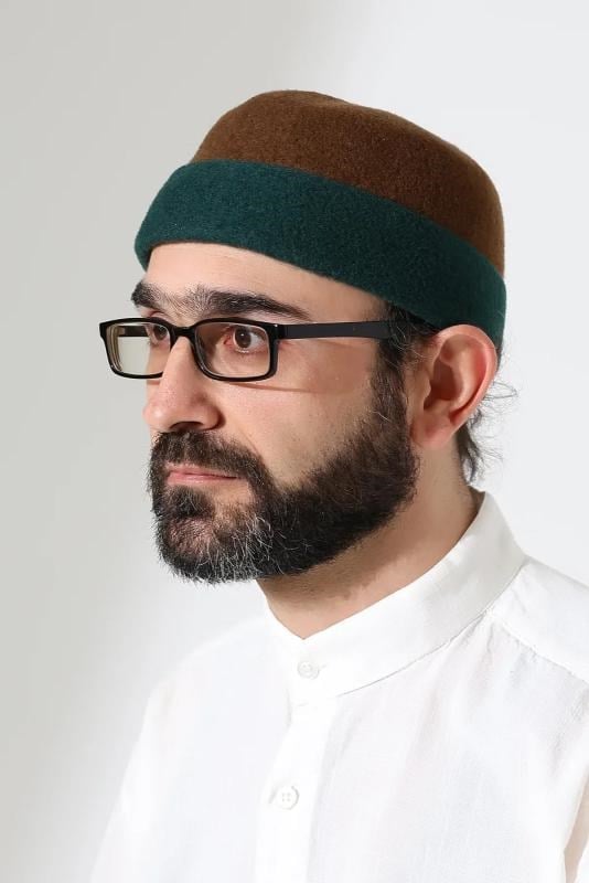 Erkek İki Renkli Keçe Yün Derviş Takke - Yeşil Kahverengi