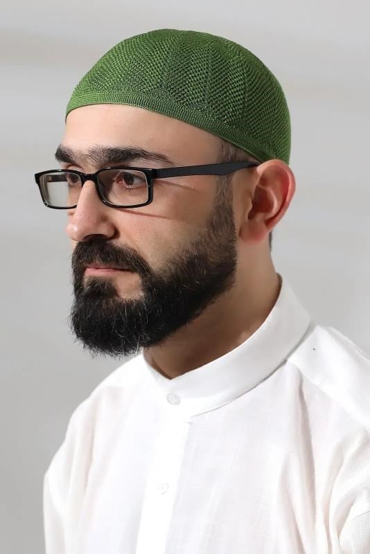 Fıstık Yeşili Safir Dantel Detaylı Örme Namaz Takkesi