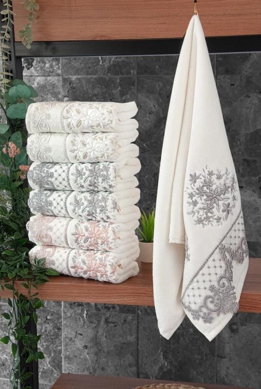 Güpürlü Kadife Nakış İşlemeli Desenli Kutulu Lüks Çeyizlik 6'lı El Yüz Havlu Seti 50x90 - 00274