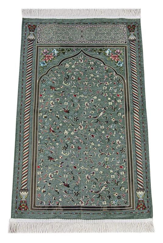 Haki Çiçekli Ravza Desenli Astarlı Şönil Seccade