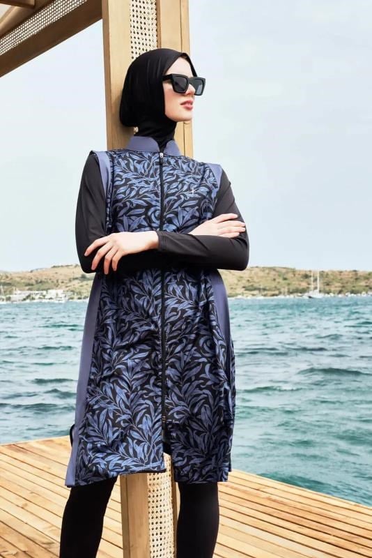 Haşema Şerit Detaylı Jileli Siyah 5 Parça Tam Kapalı Tesettür Mayo Takımı 3096