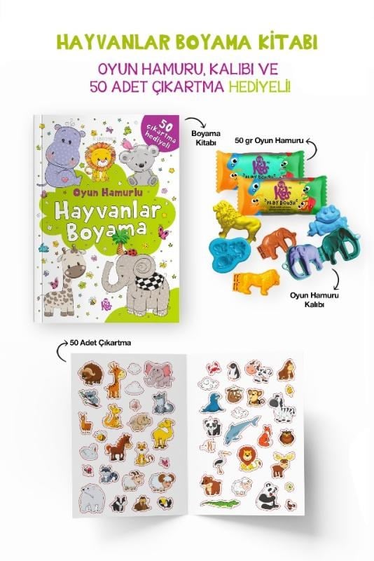 Hayvanlar Boyama Kitabı - Oyun Hamuru, Oyuncak ve Çıkartma Hediyeli - 3 Yaş +