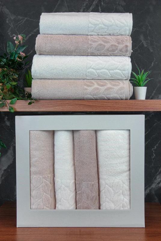 Hazal %100 Pamuklu Kutulu 4'lü Banyo Havlu Seti Hamam Takımı 50x90 - 90x150 Bej-Krem - 00081