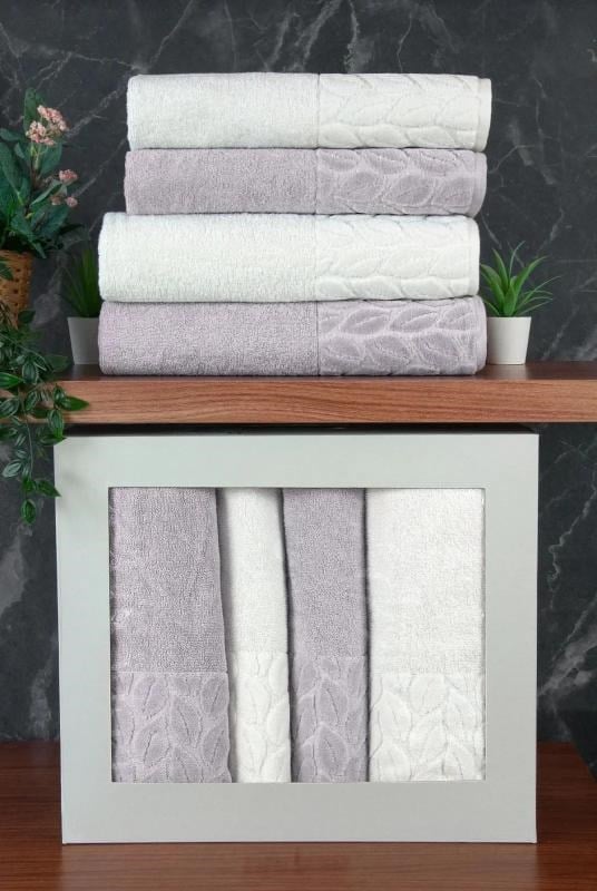Hazal %100 Pamuklu Kutulu 4'lü Banyo Havlu Seti Hamam Takımı 50x90 - 90x150 Antrasit-Krem - 00081