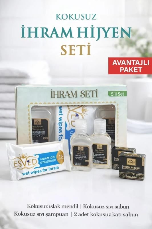 İhrama Uygun Kokusuz 5'li Hijyen Seti - Şampuan, Sabun, Islak Mendil (Avantajlı Paket)