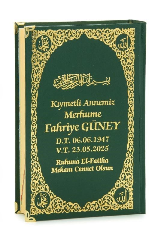 İsim Baskılı Ayet-el Kürsi Desenli Yaldızlı Deri Ciltli Orta Boy Kuranı Kerim Mevlüt Hediyesi Yeşil