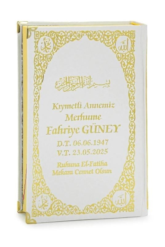 İsim Baskılı Ayet-el Kürsi Desenli Yaldızlı Deri Ciltli Türkçe Mealli Orta Boy Kuranı Kerim Mevlüt Hediyesi Beyaz