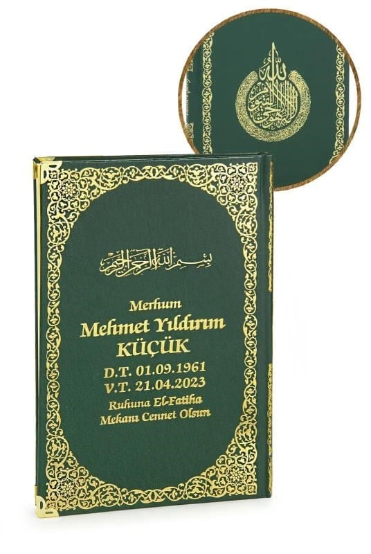 İsim Baskılı Ayetel Kürsi Desenli Yaldızlı Deri Ciltli Orta Boy Yasin Kitabı Mevlüt Hediyesi 192 Sayfa Yeşil