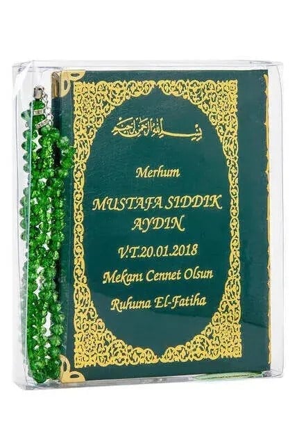 İsim Baskılı Ciltli Yasin Kitabı - Çanta Boy - 128 Sayfa - Tesbihli - Şeffaf Kutulu - Yeşil Renk - Dini Hediyelik Set