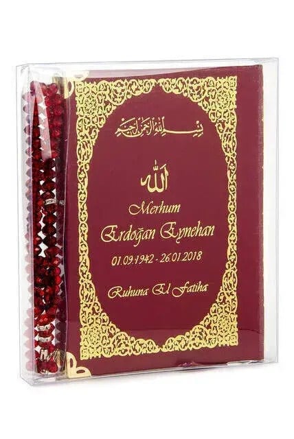 İsim Baskılı Ciltli Yasin Kitabı - Çanta Boy - 128 Sayfa - Tesbihli - Şeffaf Kutulu - Kırmızı Renk - Dini Hediyelik Set