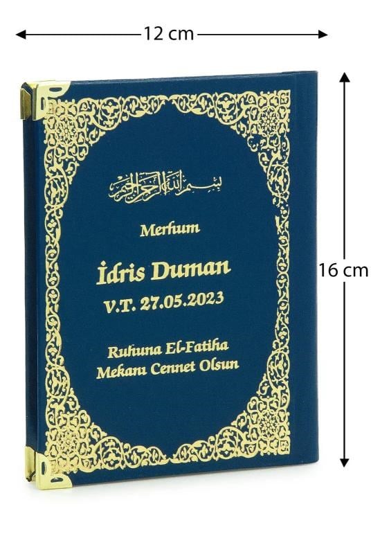 İsim Baskılı Vav Desenli Yaldızlı Deri Ciltli Çanta Boy Yasin Kitabı Mevlüt Hediyesi 128 Sayfa Mavi