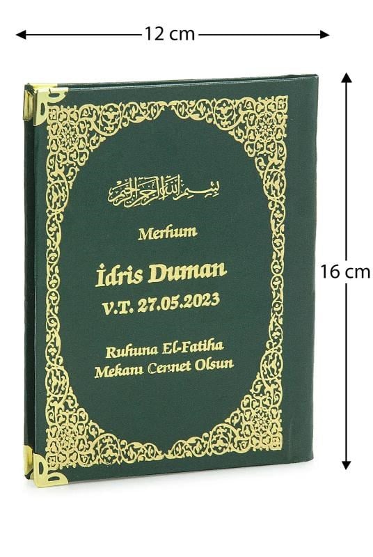 İsim Baskılı Vav Desenli Yaldızlı Deri Ciltli Çanta Boy Yasin Kitabı Mevlüt Hediyesi 128 Sayfa Yeşil
