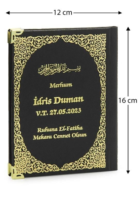İsim Baskılı Vav Desenli Yaldızlı Deri Ciltli Çanta Boy Yasin Kitabı Mevlüt Hediyesi 128 Sayfa Siyah