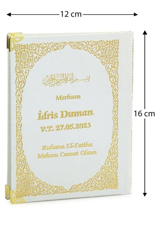 İsim Baskılı Vav Desenli Yaldızlı Deri Ciltli Çanta Boy Yasin Kitabı Mevlüt Hediyesi 128 Sayfa Beyaz