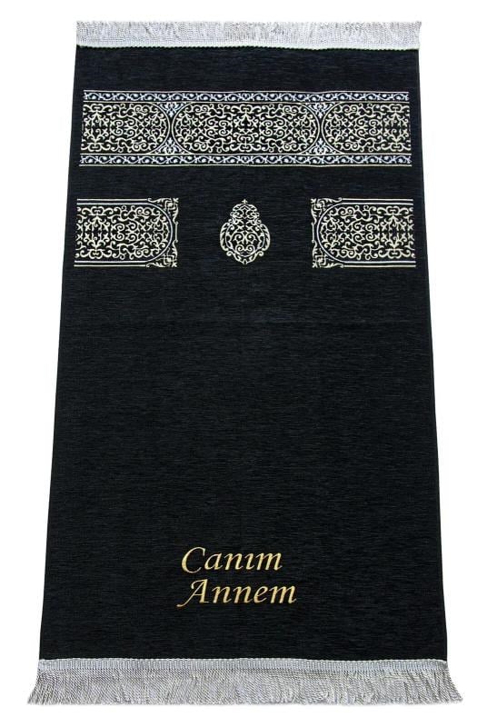 İsme Özel Anneler Günü Hediyesi İsim Nakışlı Kabe Desenli Şönil Seccade Siyah