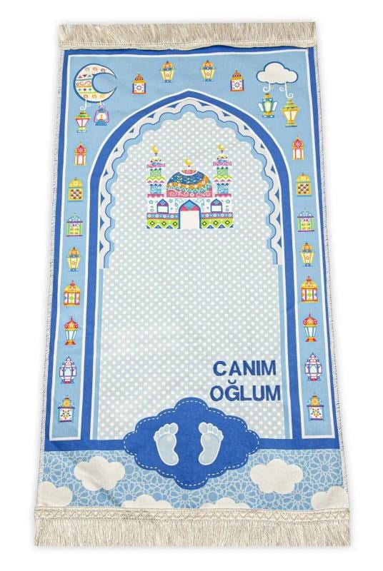 İsme Özel Desenli Dijital Baskılı Çocuk Seccadesi Mavi