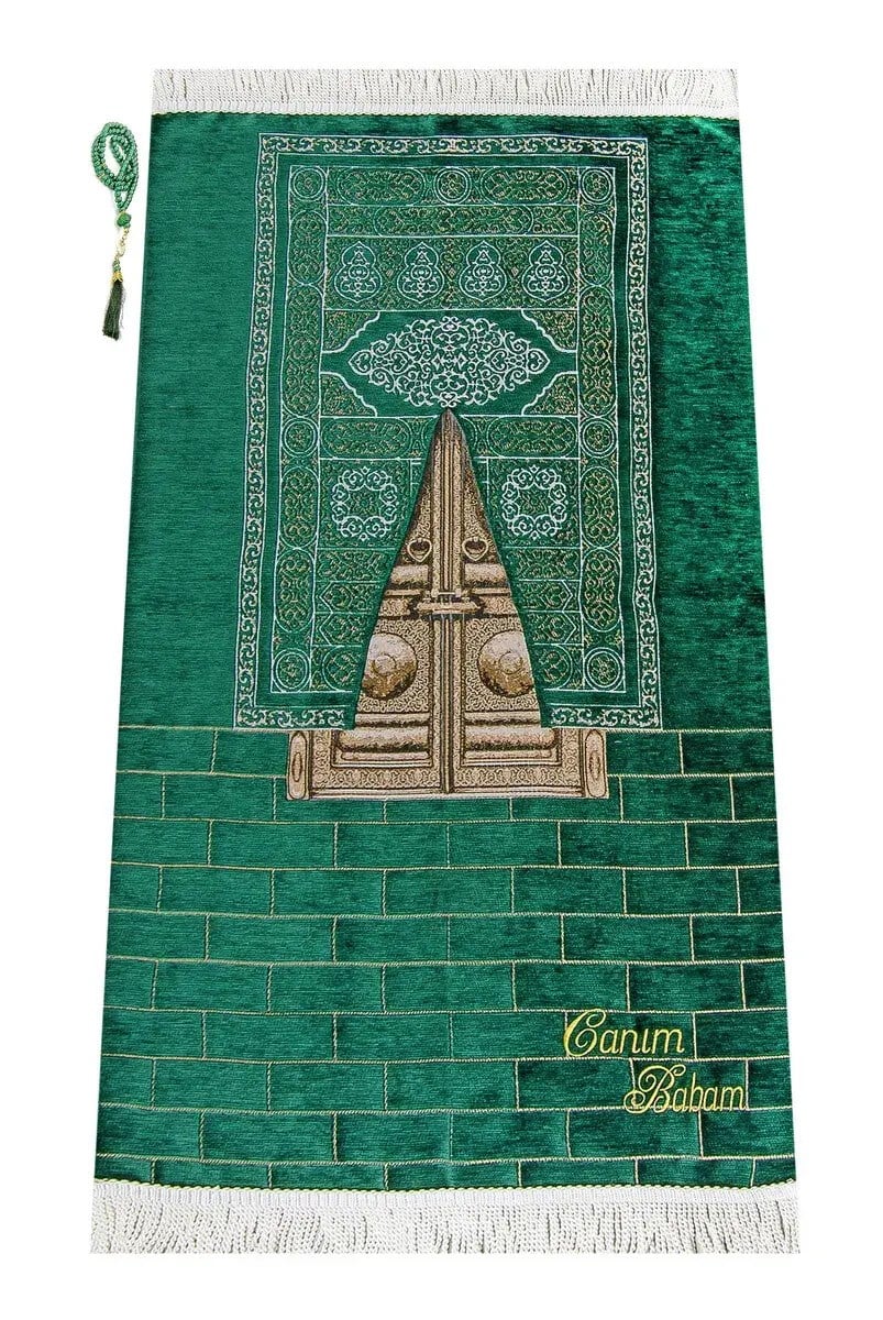 İsme Özel Kabe Kapısı Modeli Desenli Şönil Seccade Yeşil